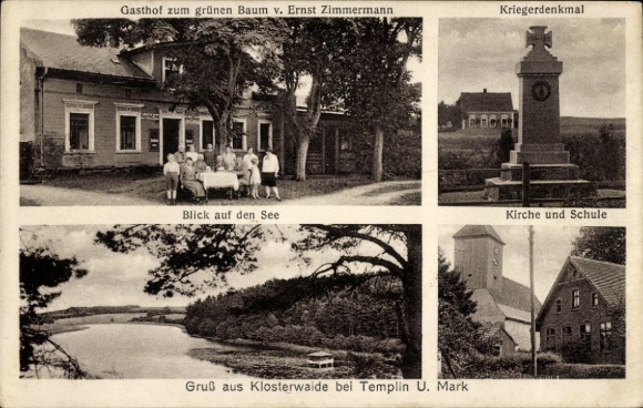 Ak Klosterwalde Templin in der Uckermark, Kriegerdenkmal, Gasthof zum grünen Baum