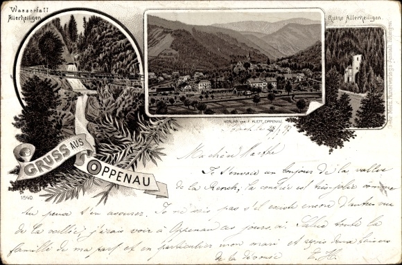 Chromo-Litho Oppenau in the district of Ortenau, ruins and Allerheiligen waterfall, view of the town, mountains