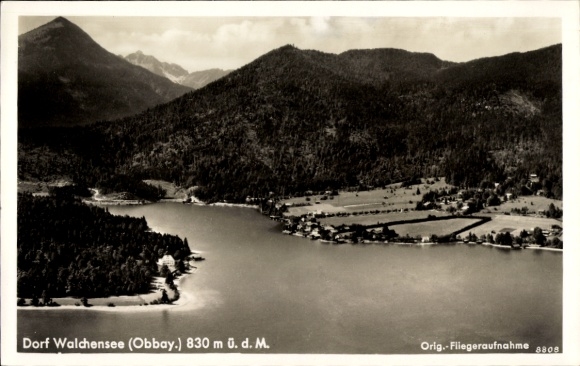 Postcard Walchensee Kochel am See, landscape with water, mountains, village, aerial photograph