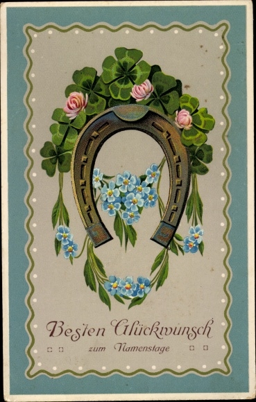Postcard congratulations name day, forget-me-not, horseshoe, lucky clover