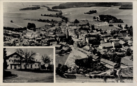 Postcard Holzkirchen in Upper Bavaria, aerial photograph, station restaurants