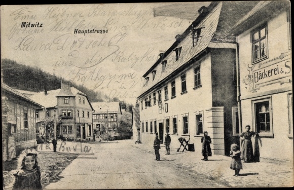 PC Mitwitz Oberfranken, view of the main street, bakery, children, residents