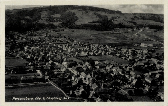 Postcard Peissenberg Peißenberg in Upper Bavaria, aerial view of residential areas, rural surroundings