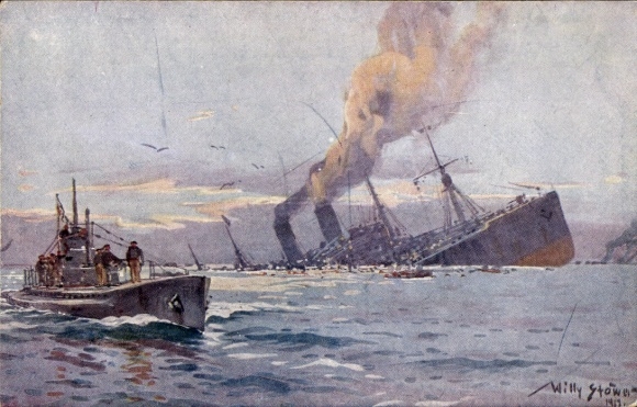 Artist Postcard Stöwer, Willy, German U-Boat, Sinking of a Troop Transport Steamer