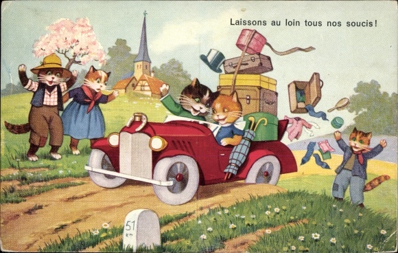 Postcard Vermenschlichte Katzen im Automobil, Gepäck, Let&#39;s leave all no worries behind