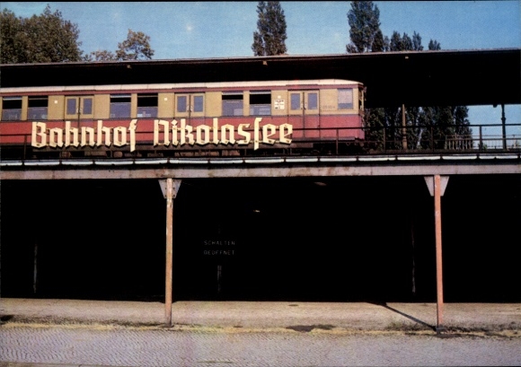 Postcard Berlin Zehlendorf Nikolassee, Lindwerder Island, Havel River, train station, train on track, light rail, g...
