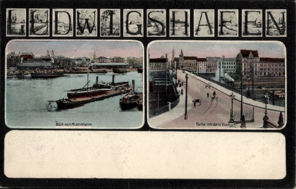 Ak Ludwigshafen am Rhein, Blick von Mannheim, Partie mit dem Viaduc, Schiffe auf dem Wasser