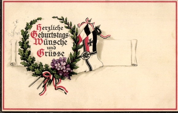 Ak-groet van Treysa, eikenkrans, laurier, vlaggen