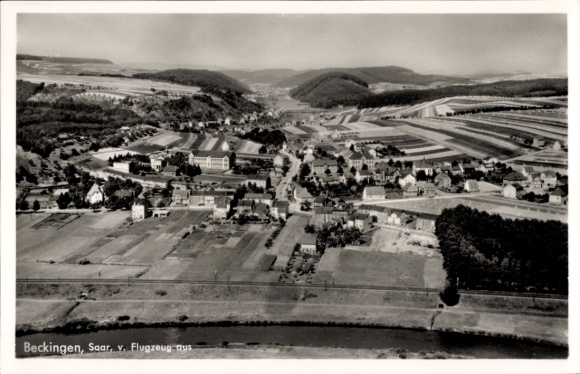 Postcard Beckingen in Saarland, aerial view of Saar, agricultural areas, buildings