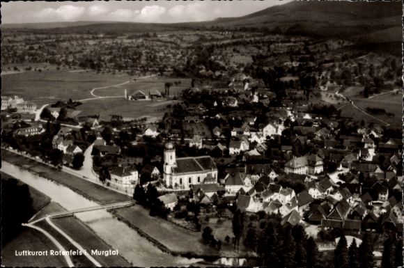 Postcard Bad Rotenfels Gaggenau in the Murgtal, climatic health resort Rotenfels, panoramic view, river, church, Lands