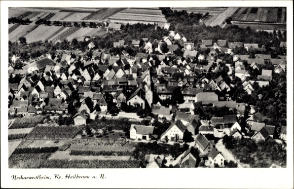 Postcard Neckarwestheim Baden Württemberg, aerial view of many houses, churches in the background