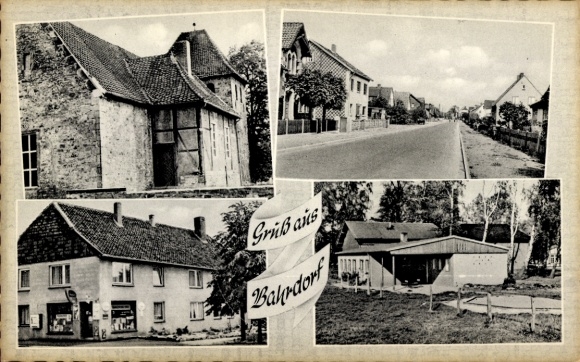 Postcard Bahrdorf in Lower Saxony, shop, church, kindergarten