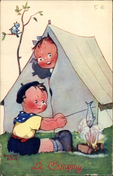Artist Postcard Beatrice, M., children camping, campfire, fried fish