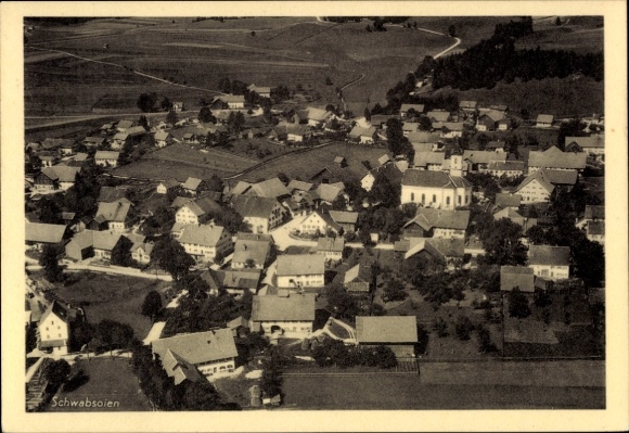 Postcard Schwabsoien in Upper Bavaria, aerial view of rural village, architecture