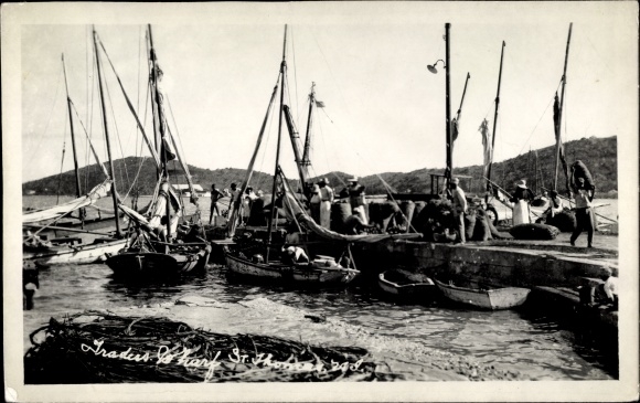 Postcard Saint Thomas US Virgin Islands, commercial boats at a wharf