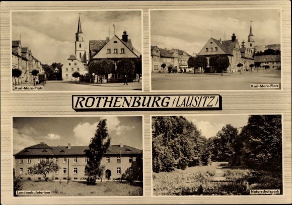 Postcard Rothenburg in Oberlausitz, Karl-Marx-Platz, state outpatient clinic, nature reserve