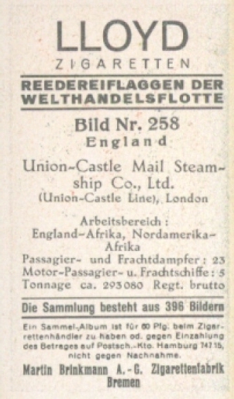 Collective Picture Company Flags of the World Merchant Fleet No. 258, Union-Castle Mail Steamship, Londen