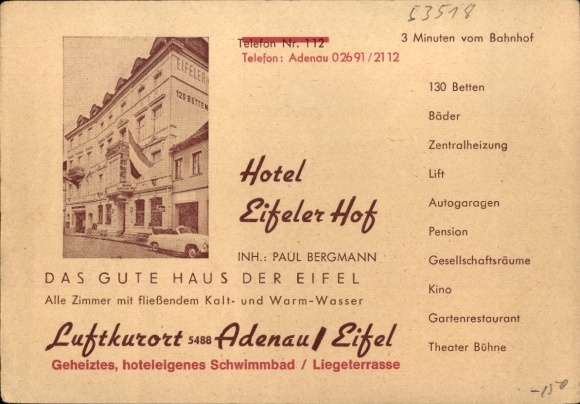 Postcard Adenau in the Eifel, Hotel Eifeler Hof
