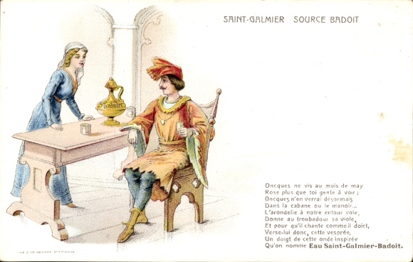 Ak Saint Galmier Loire, Source Badoit, Oncques ne vis au mois de may Rose, Reklame