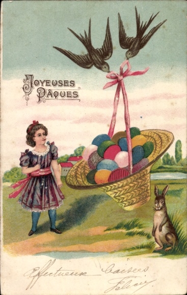 Chromo-Litho Happy Easter, swallows with Easter basket, girl, Easter bunny