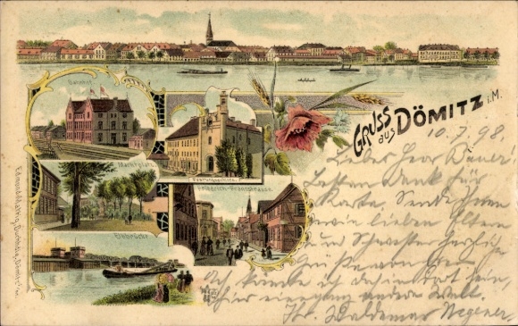 Chromo-Litho Dömitz on the Elbe Mecklenburg, train station, market square, Elbe bridge, Friedrich Franz Street