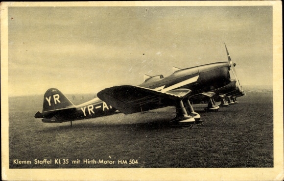 Postcard Klemm Squadron KL 35 with Hirth engine HM 504, aircraft