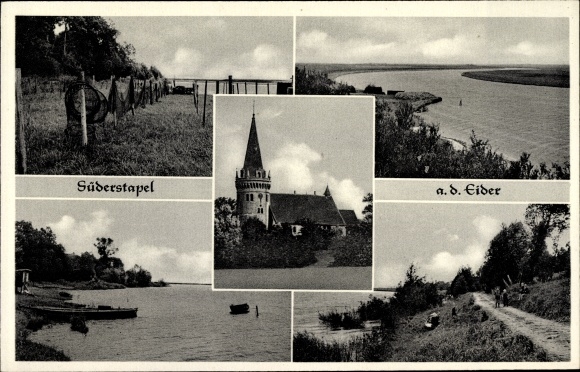Ak Süderstapel Stack Sleeswijk-Holstein, kerk, Eiderblick, visnetten