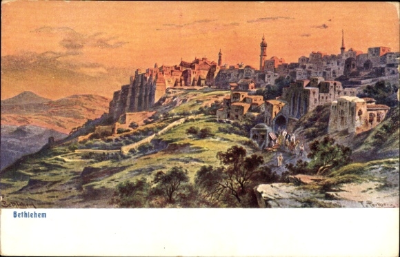 Postcard Bethlehem Palestine, view of mountain landscape, historical architecture
