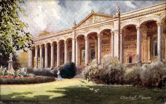 Artist Postcard Flower, Charles, Baden Baden, Trinkhalle with monument