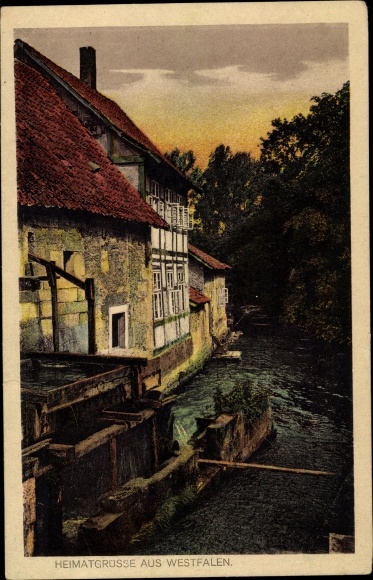 Postcard Muhle Schalksmühle in the Sauerland, half-timbered house with a red roof on a river, in front of it a weir.