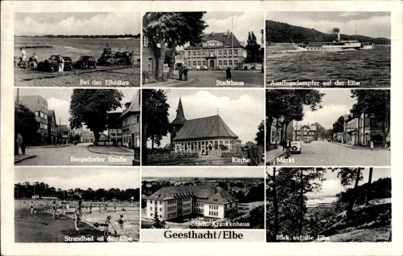 Ak Geesthacht an der Elbe, kerk, Bergedorfer Straße, stadsziekenhuis, markt, herenhuis