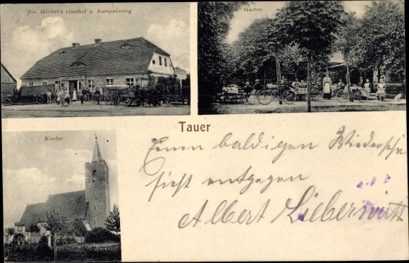 Ak Tauer in Niederlausitz, herberg, kerk