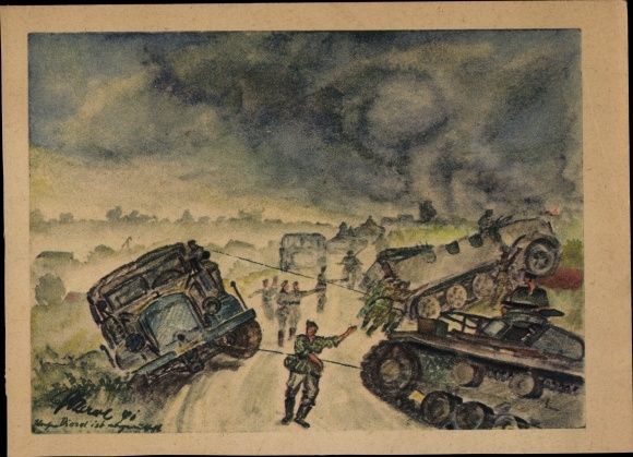 Artist PC Karl, H., German Wehrmacht, tank, truck is lifted out of a trench, WWII