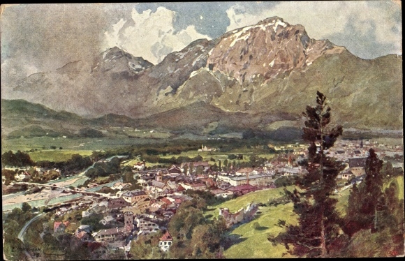 Kunstenaarskaart Compton, Edward Harrison, Bad Reichenhall in Opper-Beieren, plaats tegen Hochstaufen
