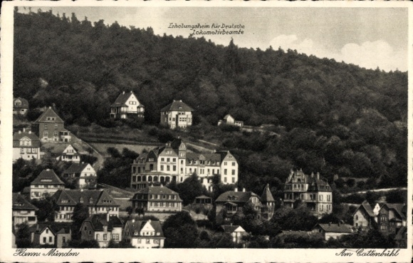 PC Hann. Münden in Lower Saxony, front shows houses, mountain landscape, text in Fraktur, hist