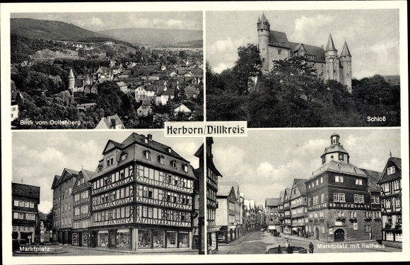 Postcard Herborn in the Lahn Dill district, castle, market square with town hall, from Dollenberg