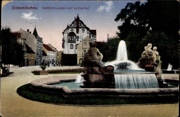 Postcard Crimmitschau, Wettin fountain with Lutherhof