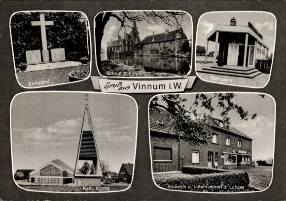Ak Vinnum Olfen Westfalen, Schloss Sandfort, Kirche, Ehrenmal, Geschäft Langer, Sparkasse