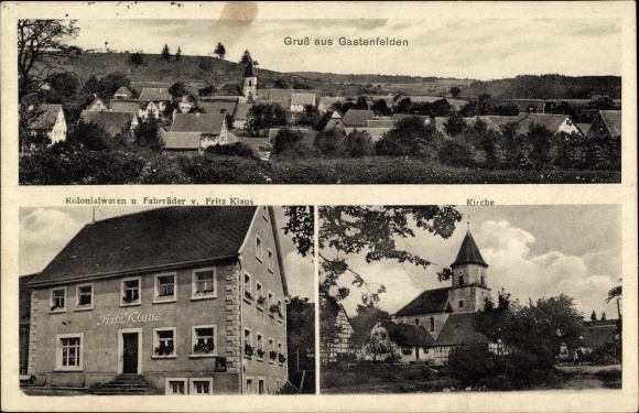 PC Gastenfelden Buch am Wald Mittelfranken, overall view, church, colonial goods and bicycles