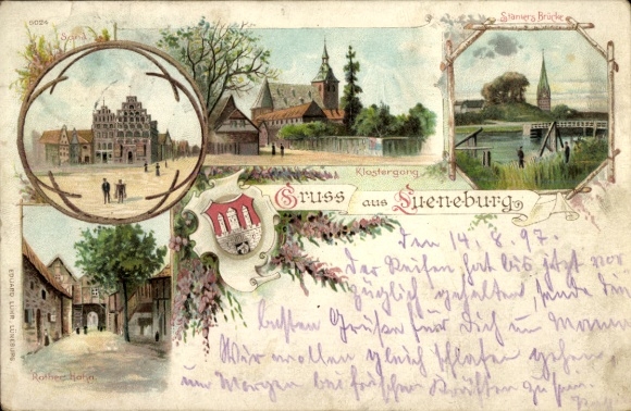 Litho Lüneburg in Niedersachsen, Brücke, Sand, Klostergang, Roter Hahn, Wappen