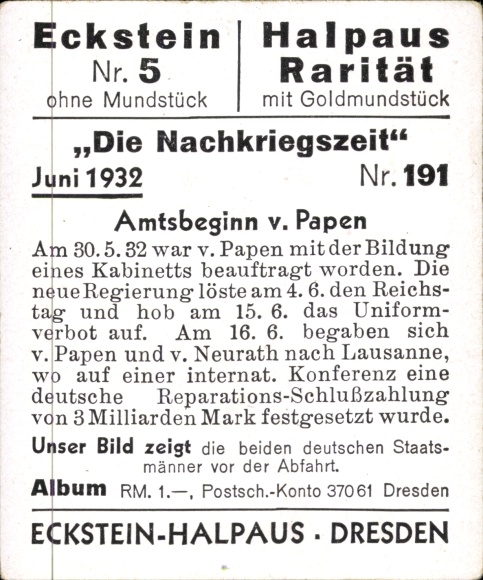 Collector's picture The post-war period No. 191 June 1932 Start of office v. Papen, v. Neurath, departure to Lausanne