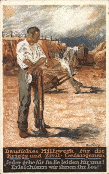 Artist Postcard German Relief Organization for War and Civilian Prisoners, Prisoners at Penal Labor