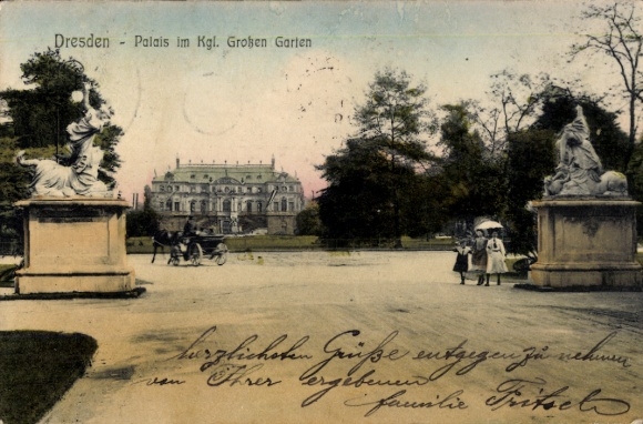 Stare Miasto w Dreźnie, pałac w Ogrodzie Królewskim, pomnik, krajobraz parkowy, spacerowicze