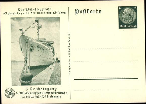 Postwaardekaart briefkaart KDF vlaggenschip Robert Ley, 5e KdF Reichstagung Hamburg 1939