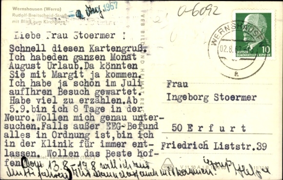 Postcard Wernshausen Schmalkalden in the Thuringian Forest, Rudolf Breitscheid Street with a view to Kirchberg