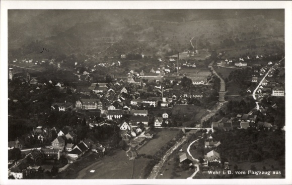 Postcard Wehr in Baden, aerial view of weir, landscape, houses, river