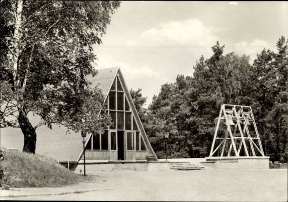 Postcard Hirschluch Storkow in der Mark, chapel, youth center Hirschluch, modern architecture, trees in