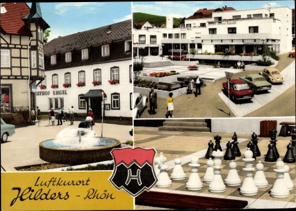 Postcard Hilders in der Rhön, game in town with fountain, large chess board, parking lot