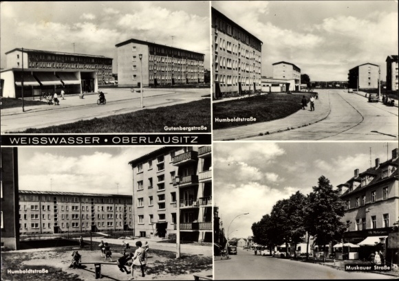 Postcard Weißwasser in Oberlausitz, Muskauer Strasse, Humboldtstrasse, Gutenbergstrasse, playground