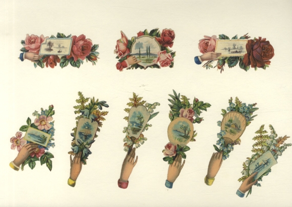 9 wafer hands with flower bouquets and landscape pictures, each approx. 9.5 x 3 cm and 4 x 6.5 cm